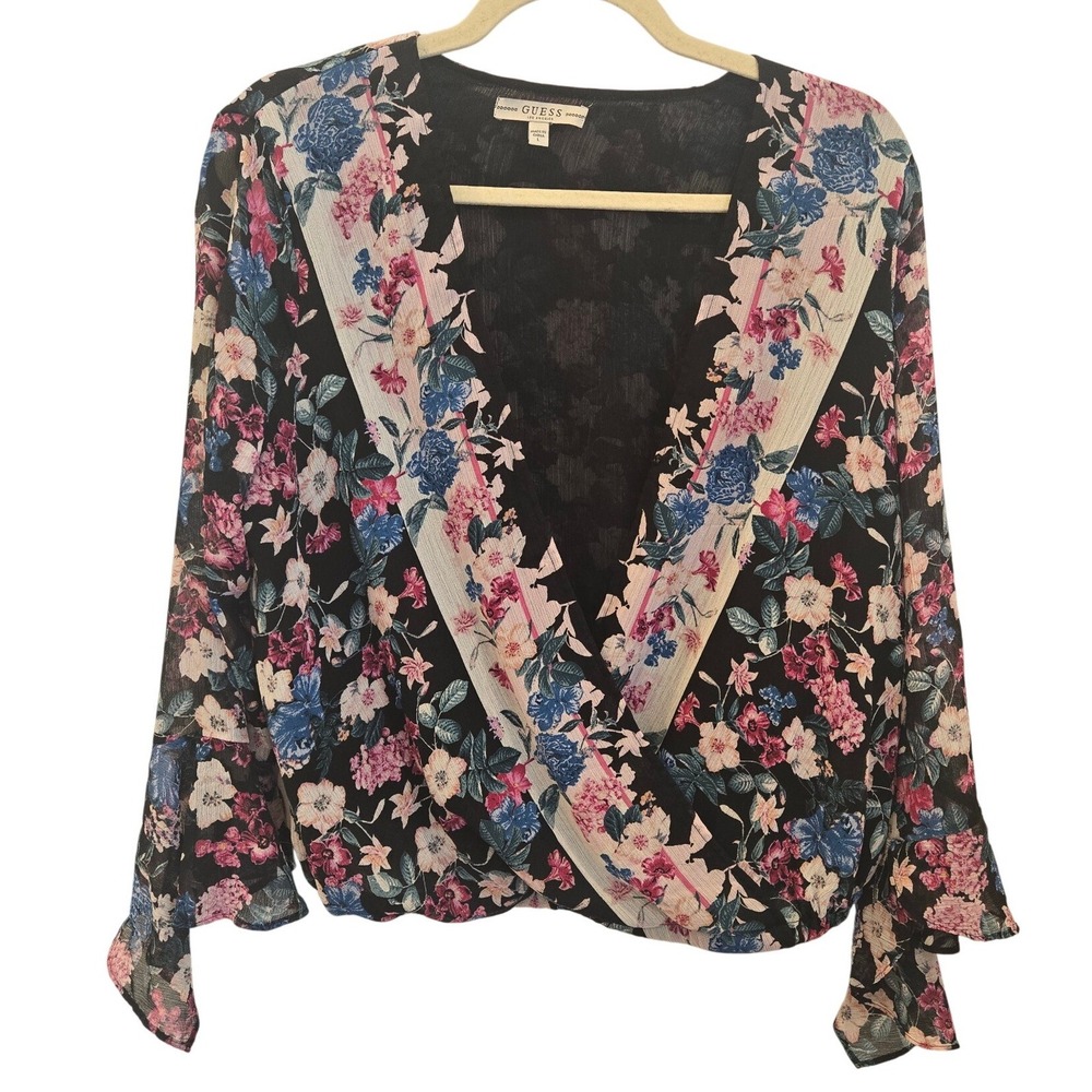 Guess Floral Bell‎ Long Sleeve Surplice Blouse Top Feminine Office Boho Large